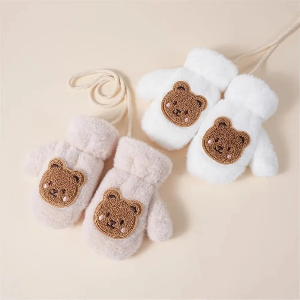 Faux Fur Kids Winter Gloves Waterproof Windproof Cartoon Bear Gloves With Ropes Fingerless Design Toddler Fingerless Gloves