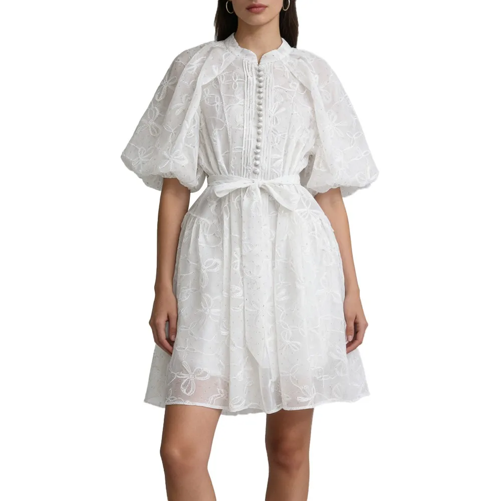 TWOTWINSTYLE Solid Printing Spliced ​​Fols Elegante Jurk voor Vrouwen Ronde Hals Halve Mouwen Patchwork Kraal Casual Jurken Vrouwelijke - afbeelding 2