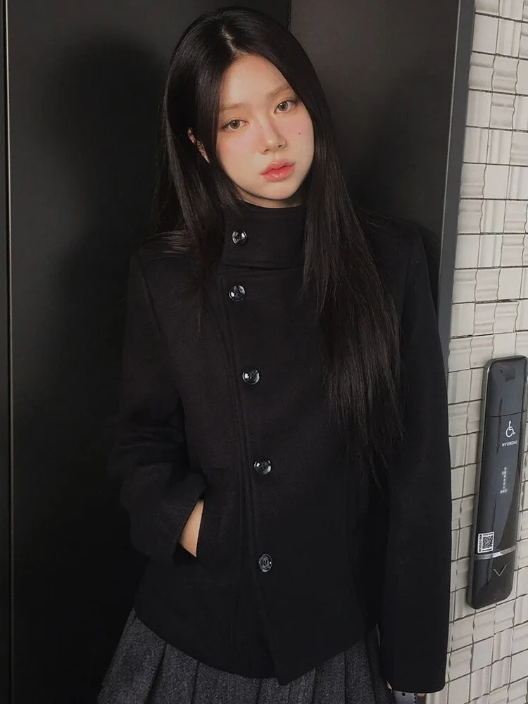 Elegant Black Woolen Jacket Slim Fit Notch Collar Single Button Side Detailing High Quality Japanese Style Women's Coat