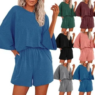 

2025 Summer Women's Set Solid Color Round Neck Short Sleeve Top Elastic Shorts Two Piece Set