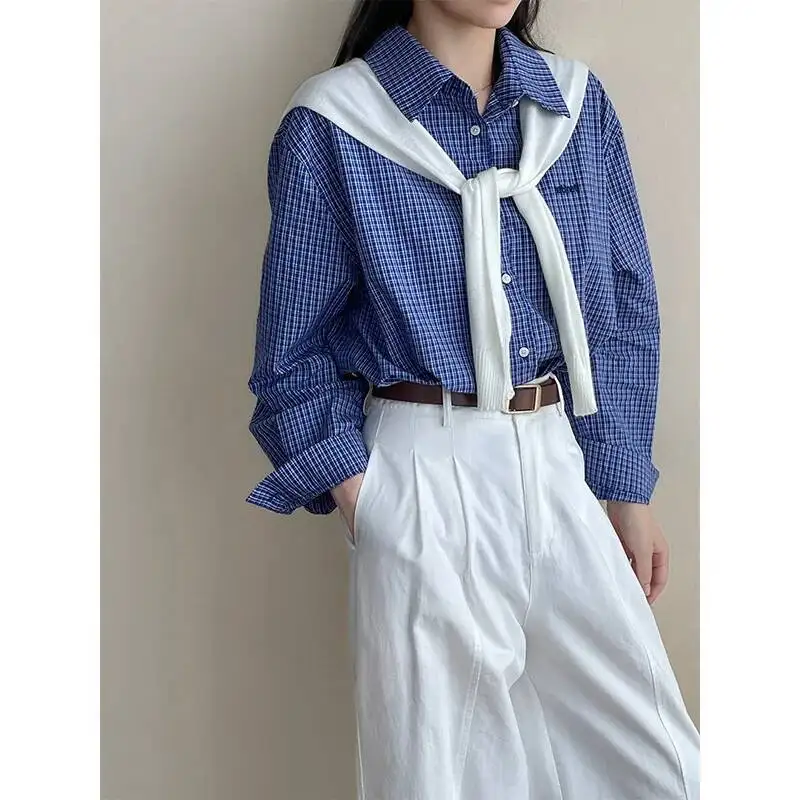 

Vintage Blue Plaid Pure Cotton Shirts Spring Autumn Lapel Letter Embroidery Loose Casual Long Sleeve Tops