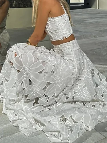 Imagen 1 del producto Conjunto bohemio para vacaciones de primavera y verano para mujer, Top corto sin mangas con cuello redondo y faldas largas, traje de 2 uds con encaje bordado a la moda 2025