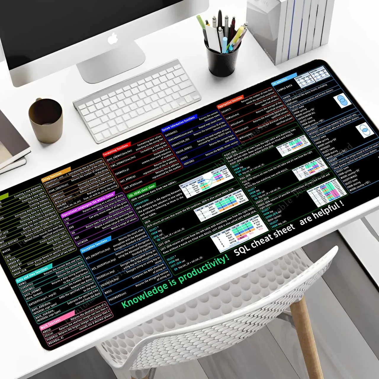 اختصارات SQL لوحة ماوس كبيرة XXL 90x40 سنتيمتر ورقة الغش عدم الانزلاق حصيرة مكتبية طويلة للمطورين قاعدة البيانات Admins محلل البيانات