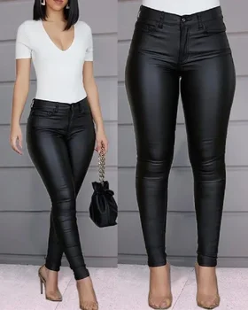 Image New Women PU Leather Pants Black Sexy Stretch Bodycon Trousers Women High Waist Long Casual Pencil Pants Plus Size XS-4XL