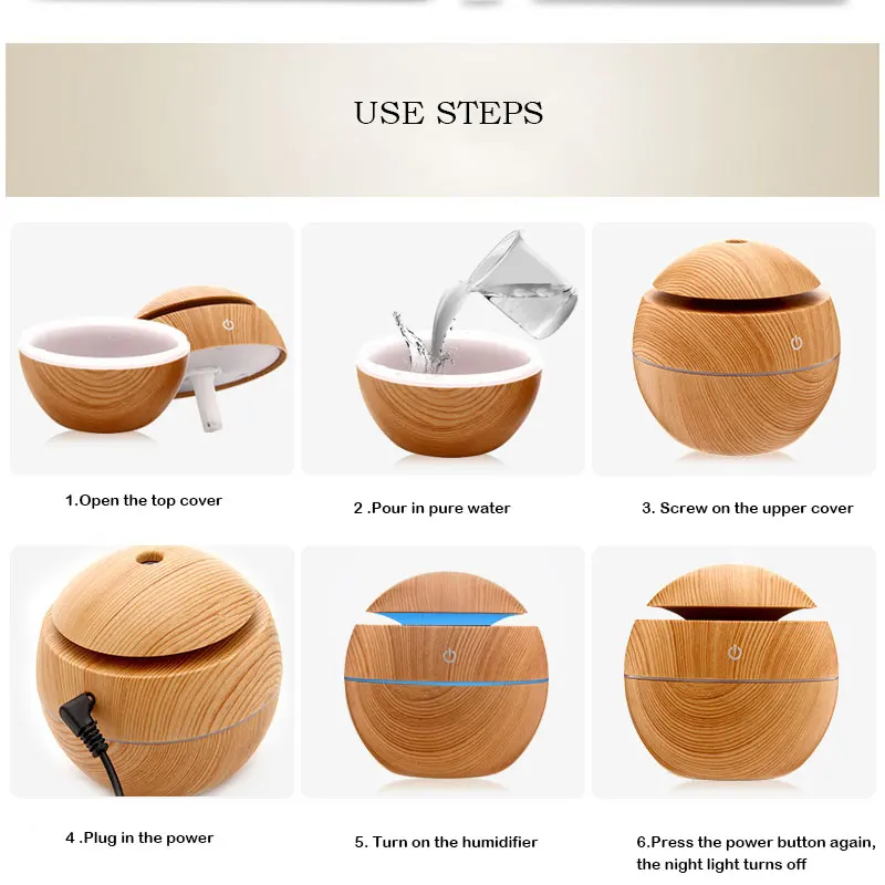 130ML Umidificatore Ad Ultrasuoni USB Diffusore di Aroma Grano di Legno LED Luce Notturna Elettrico Diffusore di Olio Essenziale Aromaterapia Casa