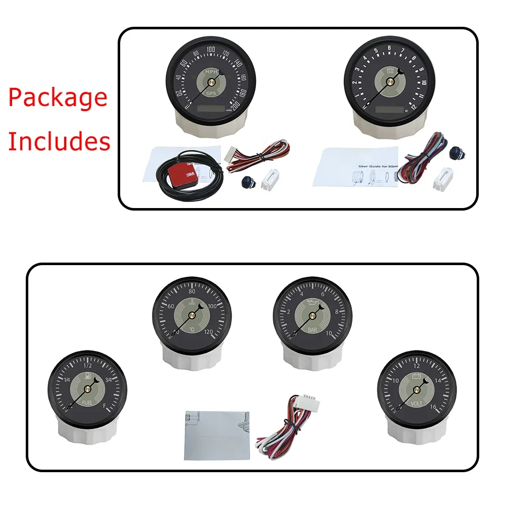 ELING Car Universal 85mm 0-160km/h GPS Speedometer + Tachometer 0-8000RPM +52MM Fuel Level Water Temp Oil Pressure Voltmeter 12V