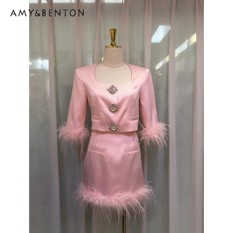 Satin Silk Square-Collar Mid-Length Diamond Square Buckle Thin Coat Ostrich Fur Hip Skirt Suit Advanced Temperament Soft Outfits