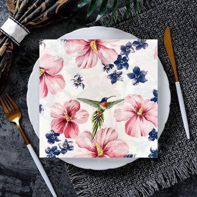 20Pcs/Bag Vintage Hummingbird Flower Decoupage Paper Napkins Bird Floral Paper Serviettes for Xmas Wedding Party Tableware Decor