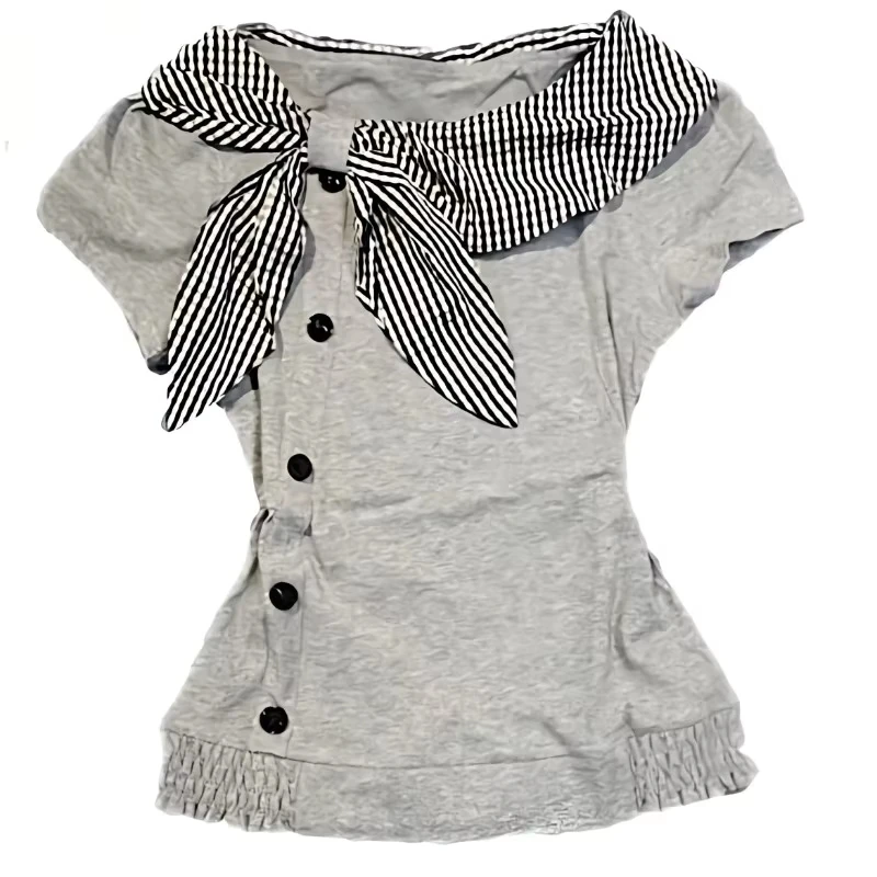 Damen Y2K Karierter Schleifenkragen T-Shirt Kurzarm Gespleißtes Slim-Fit Vintage Süßes Mädchen Casual Tee Top – Detail 8
