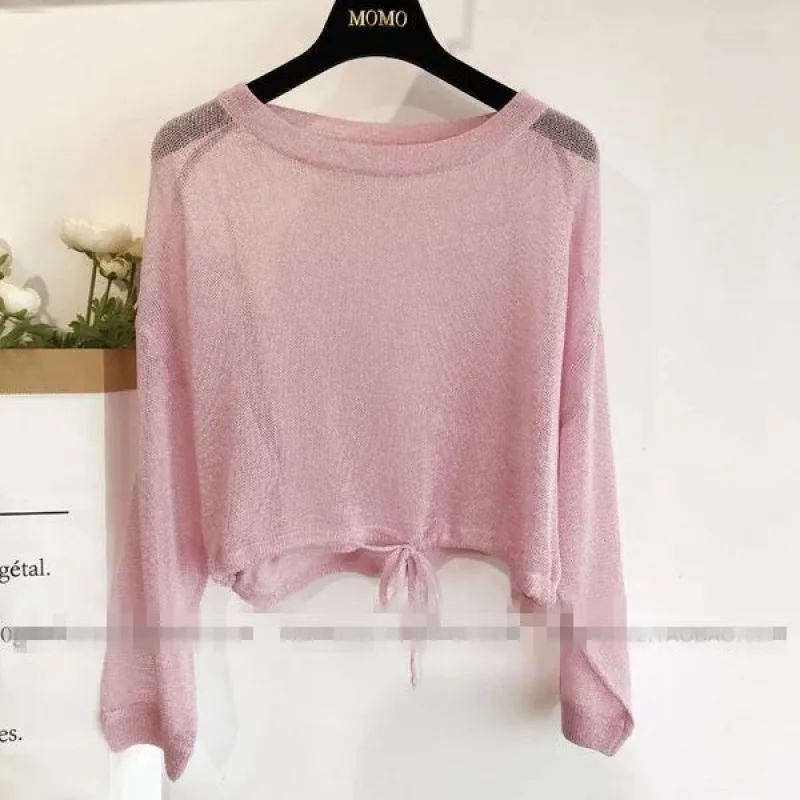 Women's Sun Protection Pullover Sweater Summer Korean Style Loose Long Sleeve Short Shiny Top Blouse