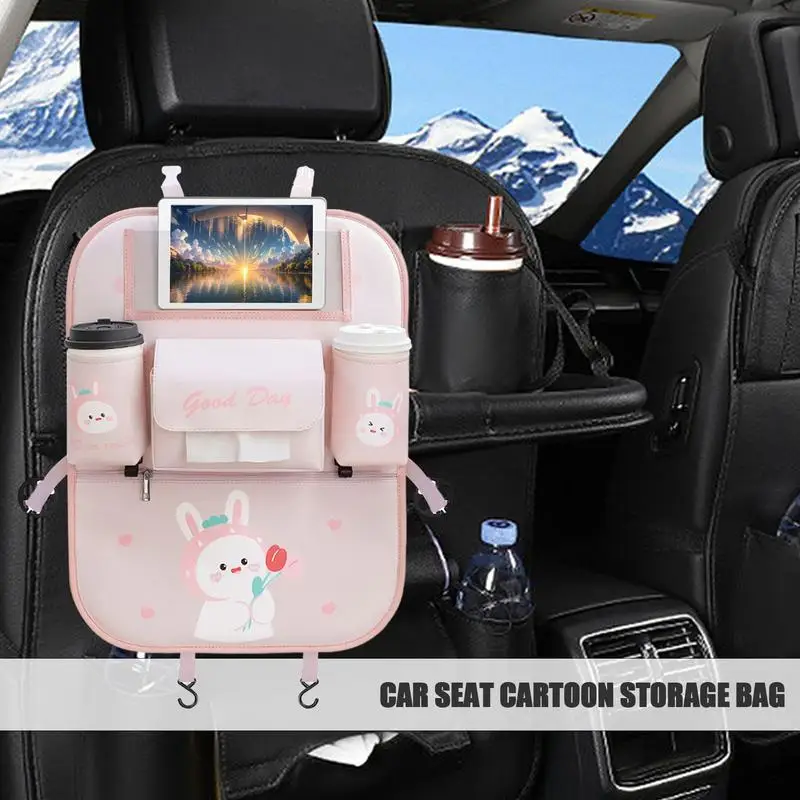 Car Seat Back Storage Bag Cute Cartoon Multi-Pocket Seat Back Organizer With mobile phone holder Water cup Bracket Hang Bags