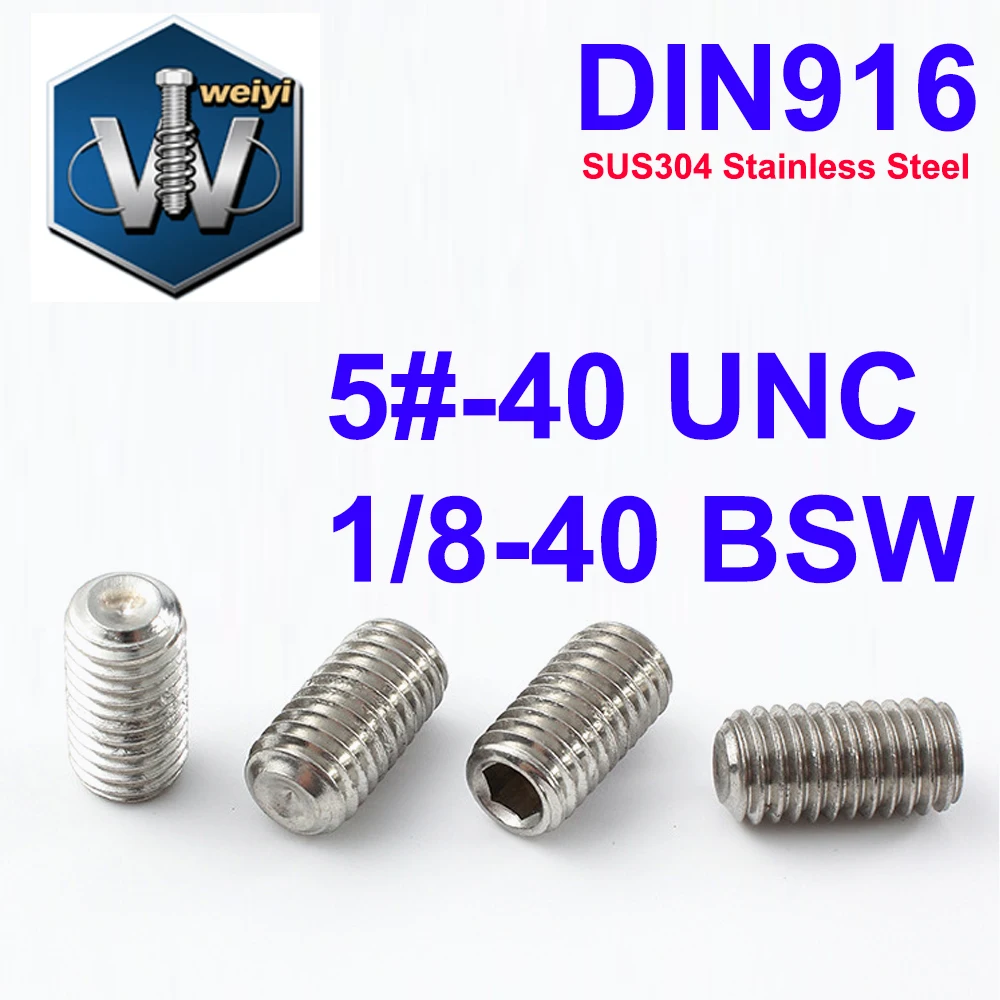 Weiyi DIN916 20Pcs/Lot 5#-40 UNC 1/8-40 BSW SUS304 A2 Stainless Steel Hex Socket Set Screws with Cup Point Headless Grub Boltss