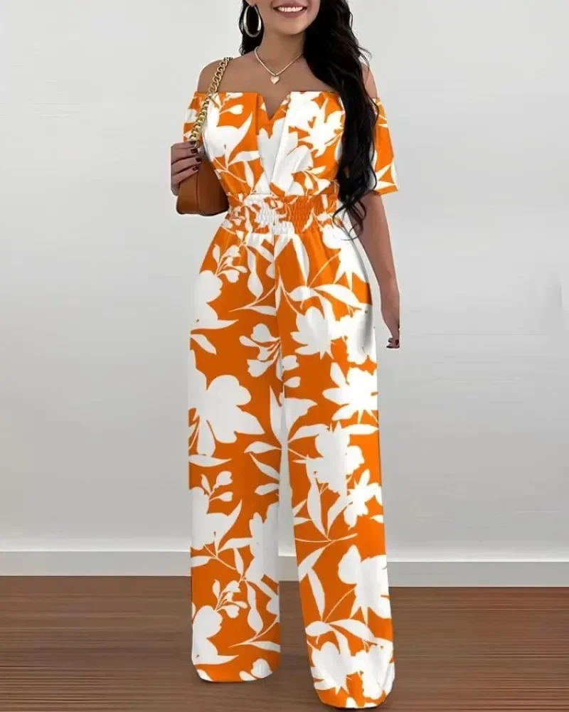 Jumpsuits for Women Spring Fashion Off Shoulder Casual Plain Short Sleeve Shirred Waist Daily Long Wide Leg Jumpsuit 2024 OFE02