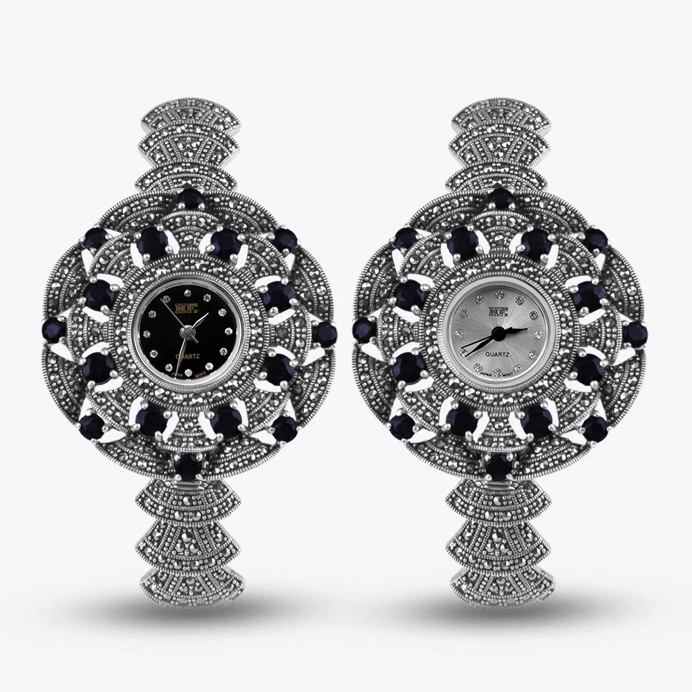 Solid 925 Sterling Silver Thailand Silver  Marcasite Luxury Wrist Watches Jewelry Women's Quartz Watches New Trend
