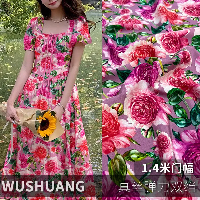 Pink & Red Begonia Floral Print Silk Stretch Crepe De Chine Fabric Mulberry Silk Material For Dresses 140cm Wide Blouse