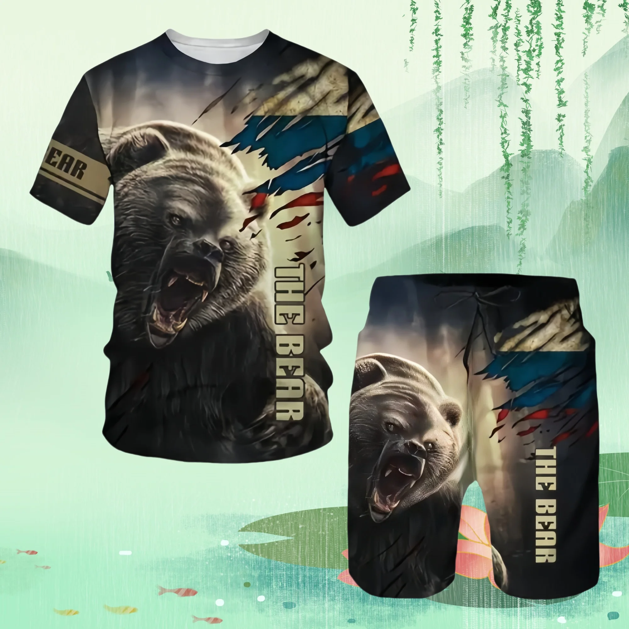 

Комплект из футболки и шорт с 3D-принтом Bear 2025 для мужской модной футболки и брюк большого размера с короткими рукавами