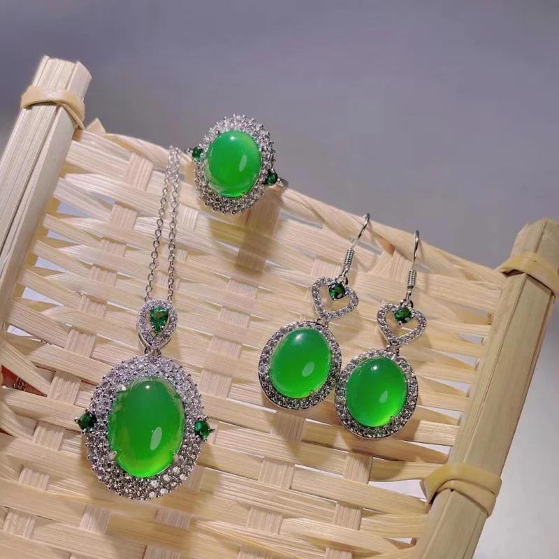 

925 Silver Plated Chalcedony Heart Green Agate Earrings Pendant Three-Piece Set Jewelry