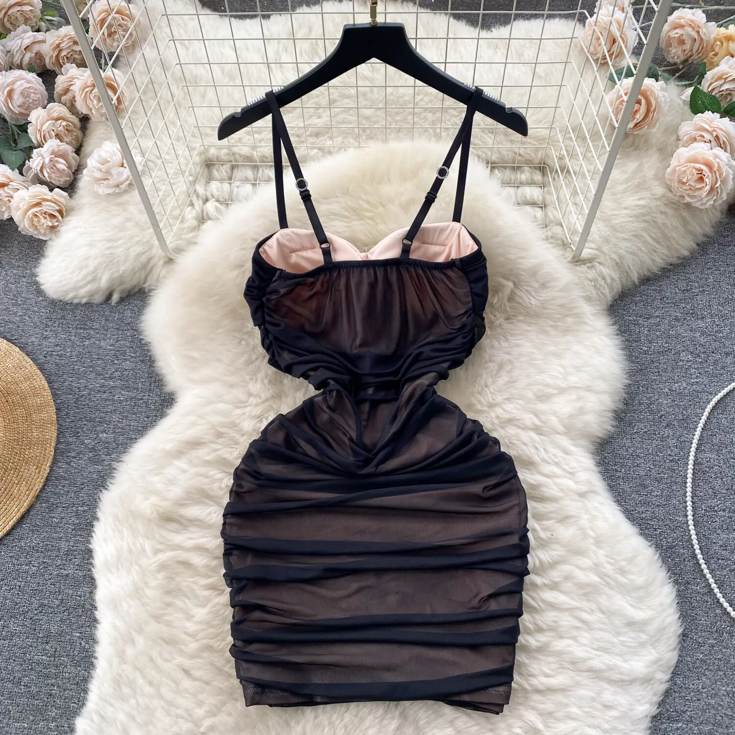 Foamlina Sexy Spaghetti Strap Bodycon Mini Dress for Women Fashion V Neck Sleeveless Backless Slim Ruched Mesh Night Club Dress