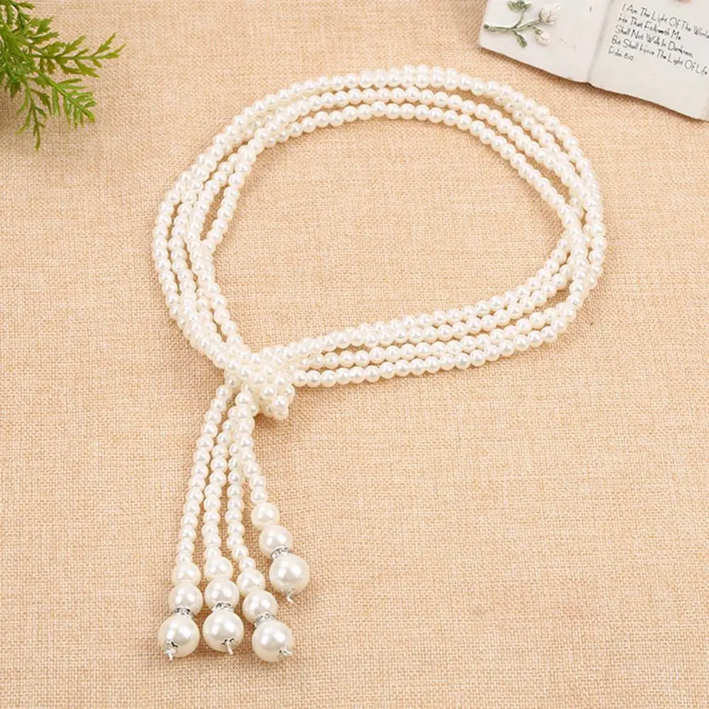 Simulated Pearl Tassel Long Necklace Classic Double Knot White Color Neck Chain Elegant Alloy Women Dress Sweater Accessories