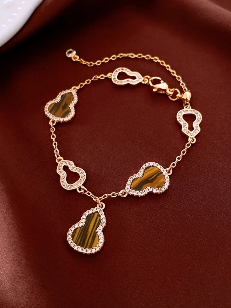 Tiger Eye Stone Hollow Gourd Bracelet Medieval Light Luxury Versatile Fashionable Personalized Handmade for Women