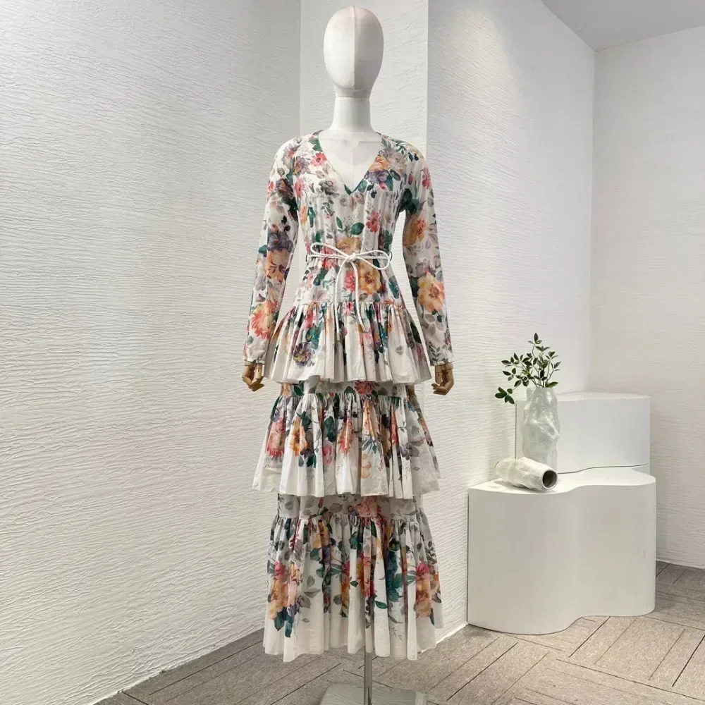 2024 New Women Multicolor Floral Print Long Sleeve Cascading Ruffles V Neck Maxi Dress High Quality