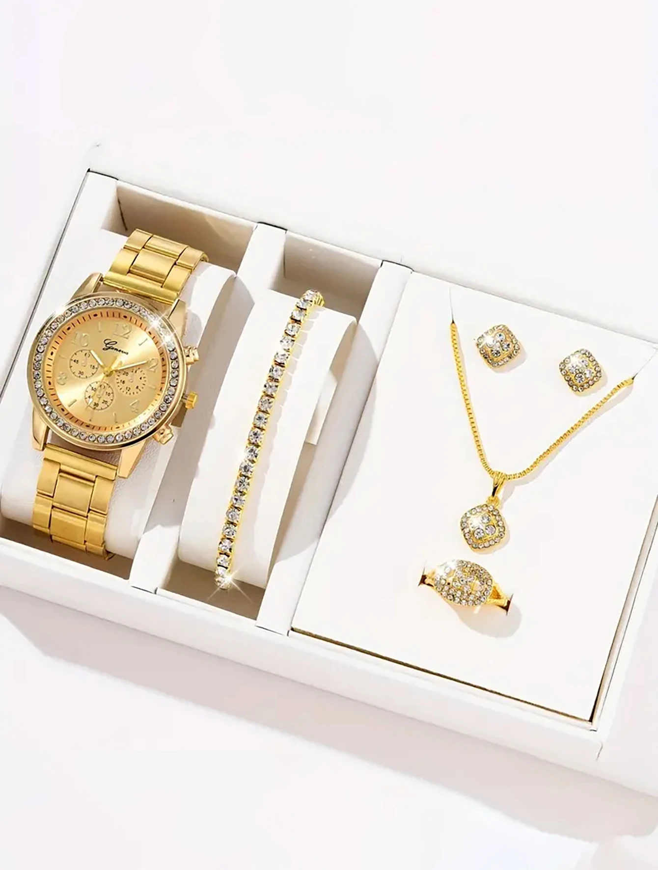 6PCS fashion diamond set rhinestone Ladies gold quartz Steel band Watch with bracelet Ring Necklace Earrings set