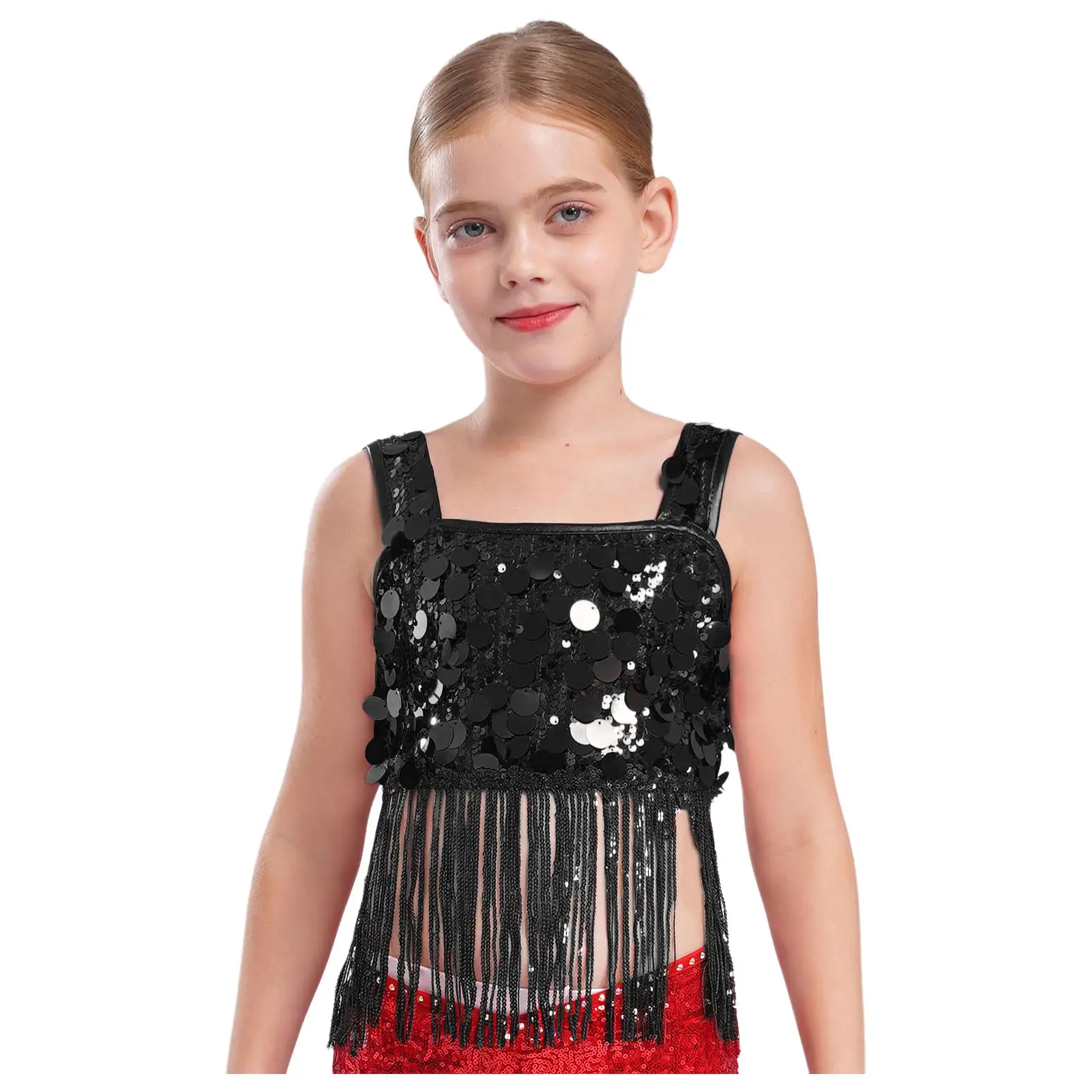 

Kids Girls Dance Top Camisole Hip Hop Jazz Latin Belly Dance Clothes Shiny Sequins Wide Shoulder Straps Tassels Top Vest Shirts