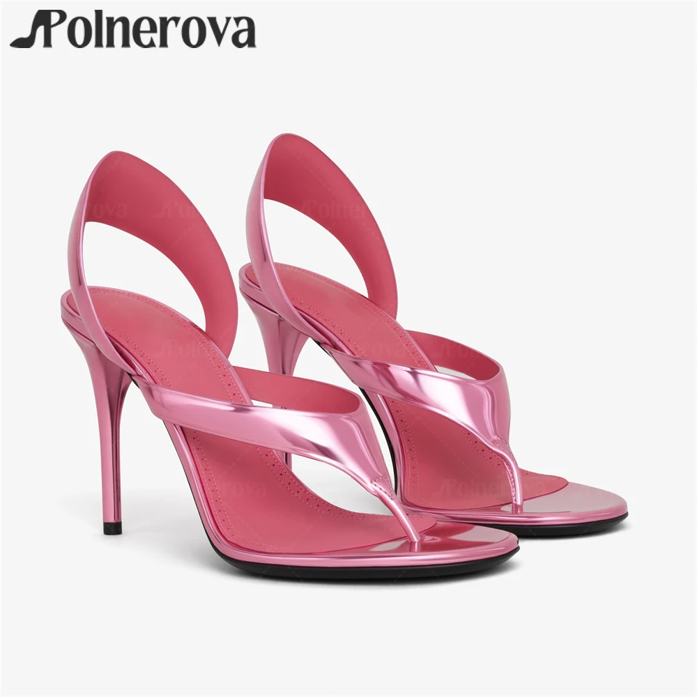 

Mirror Effect Flip Flop Sandals Slingback Strap Round Open Toe Summer Shoes Minimalist Designer Style Thong Heeled Women Sandals