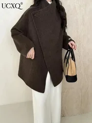 UCXQ Elegant Woolen Coat Temperament Office Lady Single Button All Match Large Lapel Fashion Women's Coats 2024 Autumn Winter