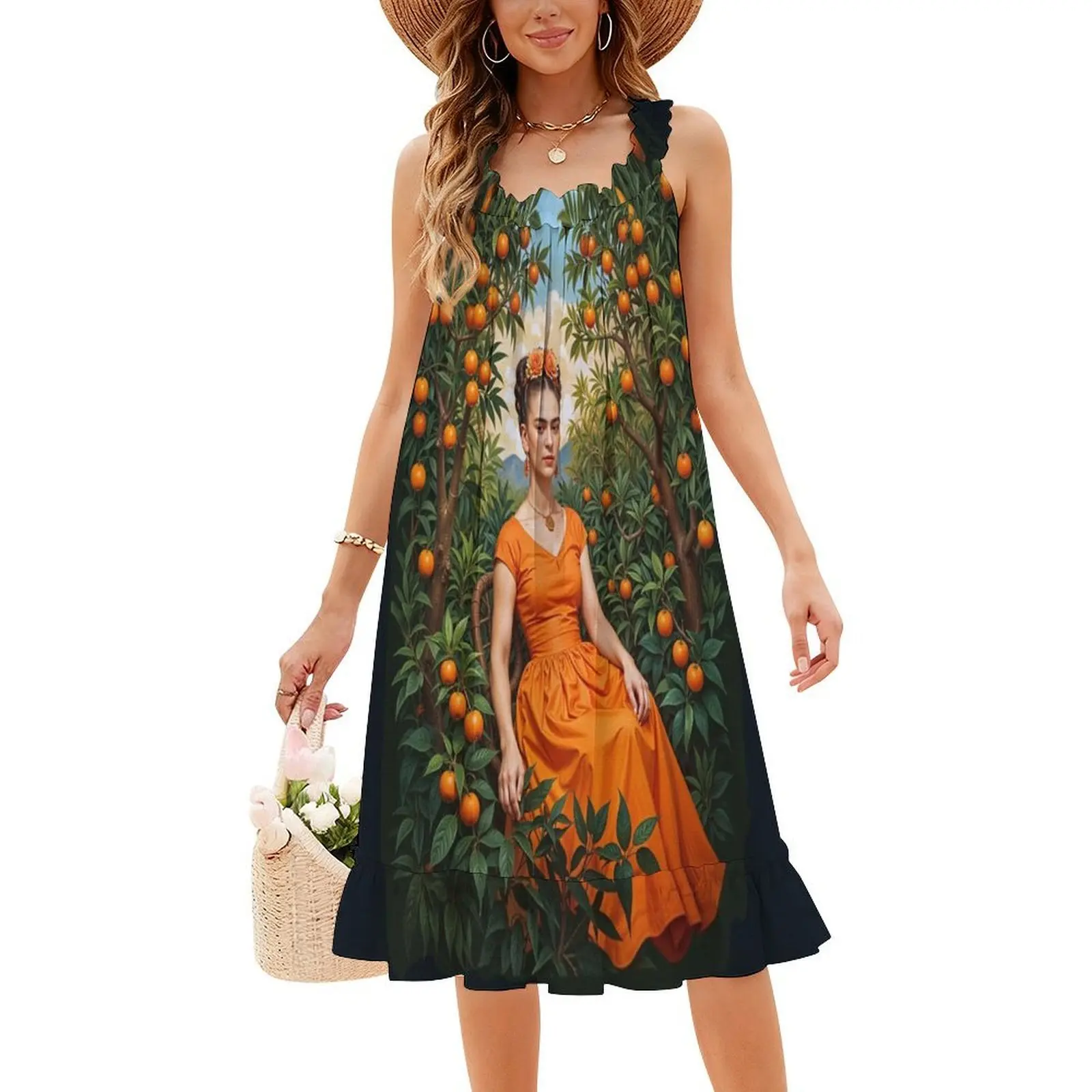 فستان بوهيمي محاط بشجرة برتقالية بدون أكمام متعدد الطباعات لحفلات عطلة الشاطئ برتقالي كاهلو فن شجرة برتقالية #4
