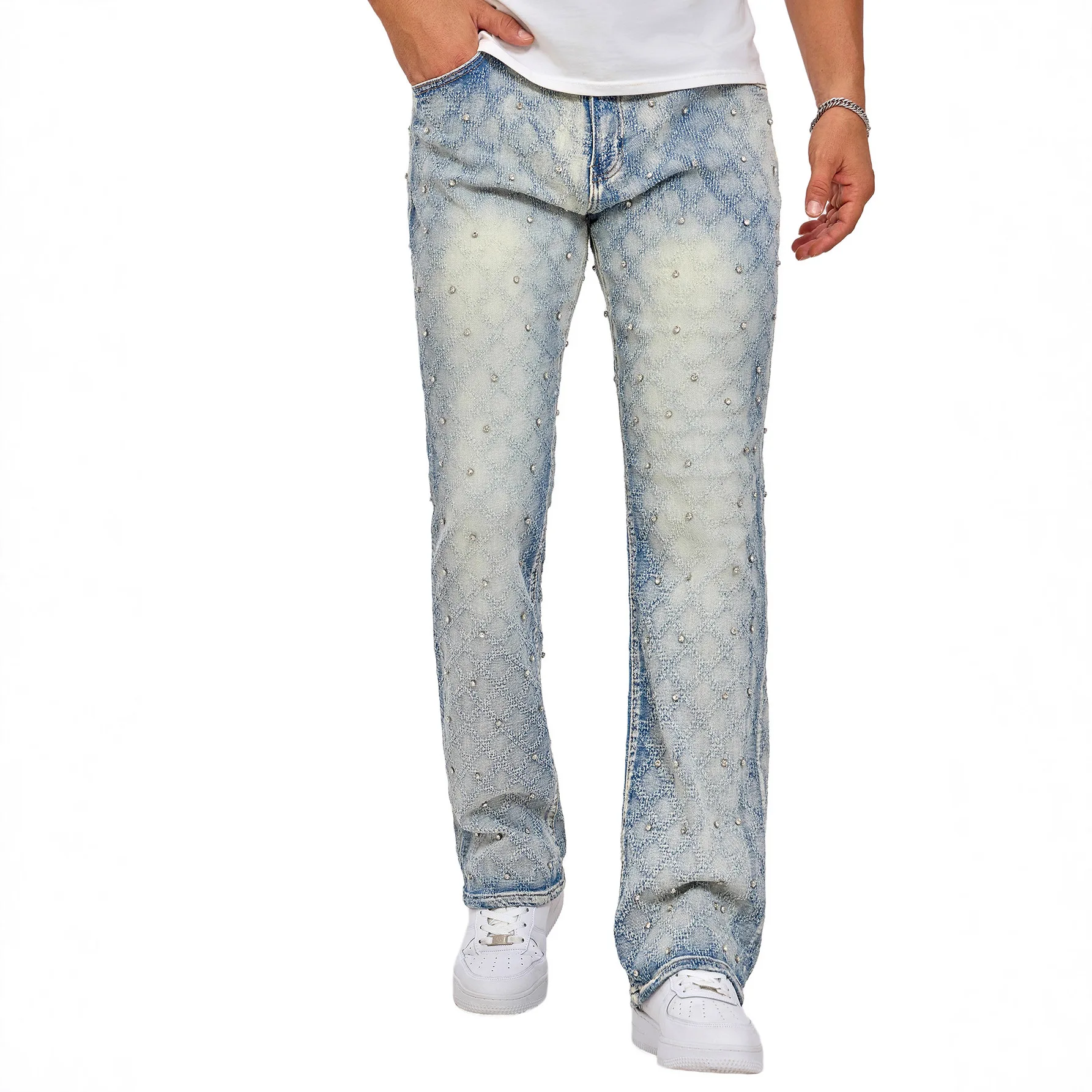 กางเกงยีนส์ทรงตรงผ้ายีนส์ยืดลายลูกปัดสำหรับผู้ชาย แฟชั่นยุโรปสุดฮิต