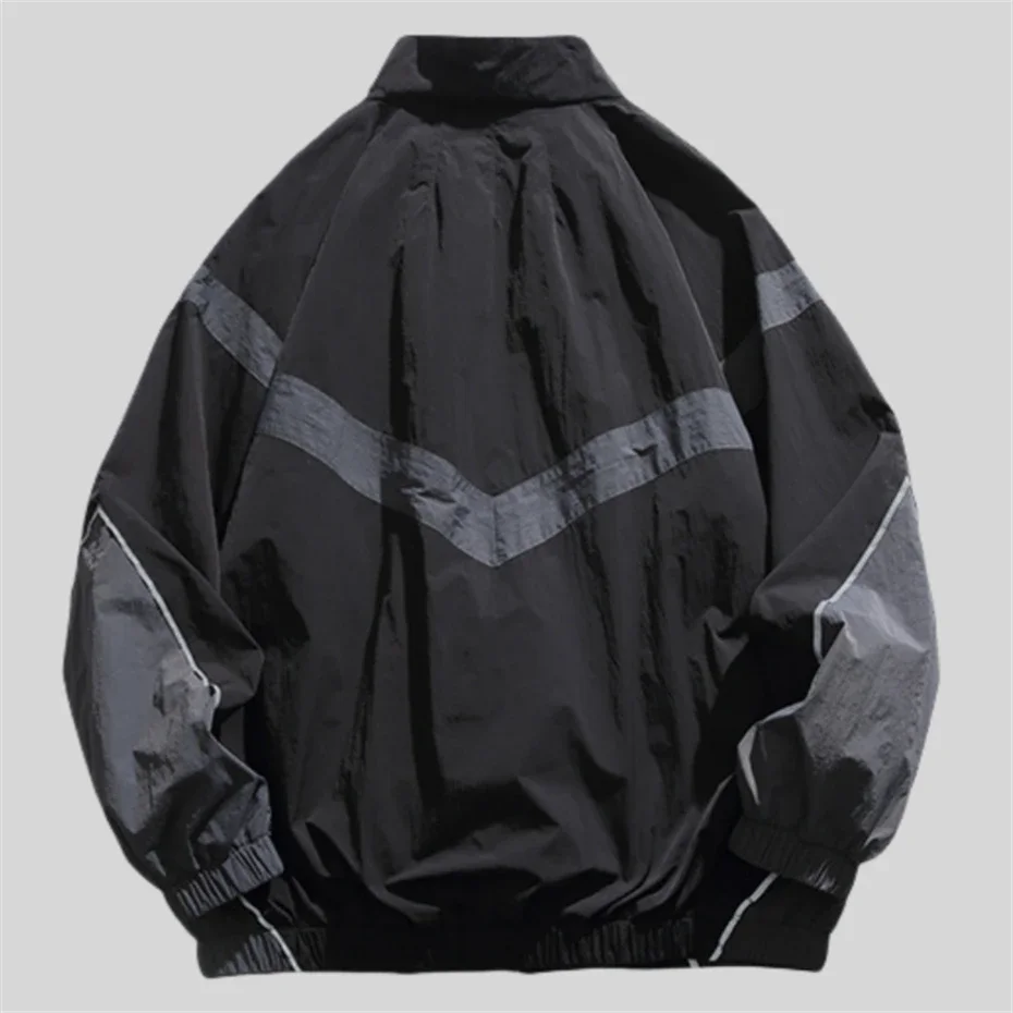 Reflective Article Sports Jacket Men Stand Collar Patchwork Jackets Mens Zipper Loose Casual Coat Couple Black Streetwear