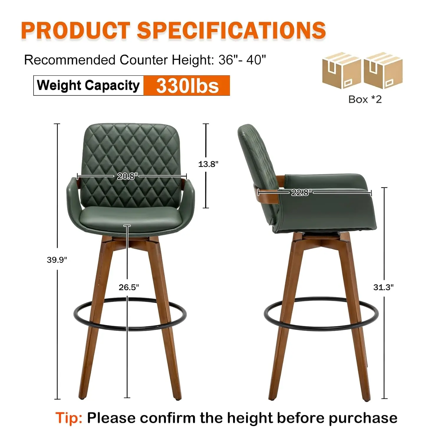 Swivel Counter Bar Stools Set of 2, 26 Inch Mid Century Modern Upholstered Kitchen Island Stools, Green, Customized