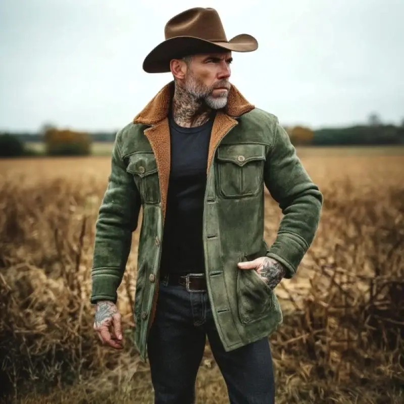 

Mens Vintage Army Green Suede Jacket Fleece Lined Multi Pocket Lapel Shearling Collar Military Tactical Workwear Winter Warm Co