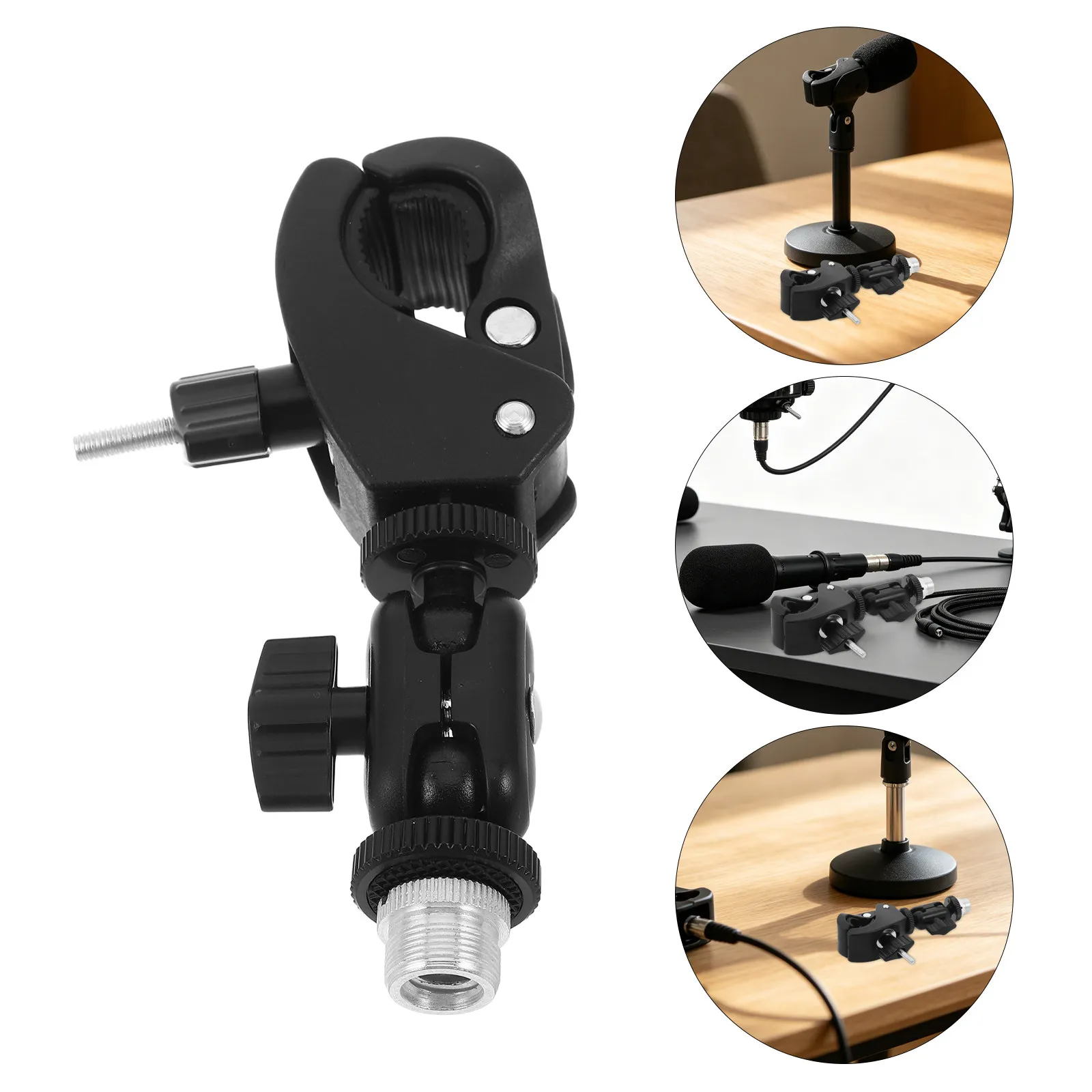 Mic Stand Clamp Adjustable Dual Ball Head Silver Screw Desktop Microphone Holder Clamp-on Mic Stand Mount for Studio Podcast