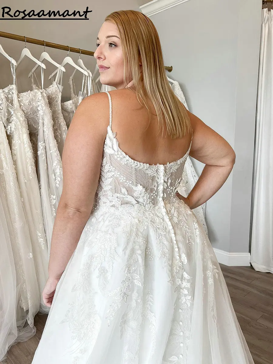 Plus Size 3D Appliques Lace A-Line Wedding Dresses Spaghetti Straps Sleeveless Bridal Gowns