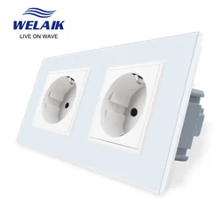 WELAIK EU 16A European 2Frame 151*80mm  220V  Russia Germany  Tempered Glass Panel Safety Wall Power Socket  A28E8EW