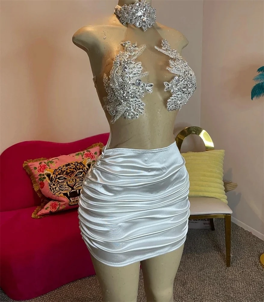 

Halter Diamond Short Prom Dresses Beaded Black Girls Birthday Party Dresses African Mini Cocktail Dresses Homecoming Customized