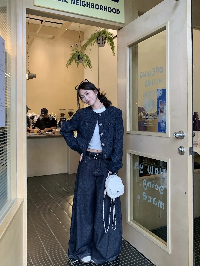 Chic Early Autumn Short Quilted Blue Jacket Women's Korean Style Standard Fit Button up Casual Shirt Youth Friendly