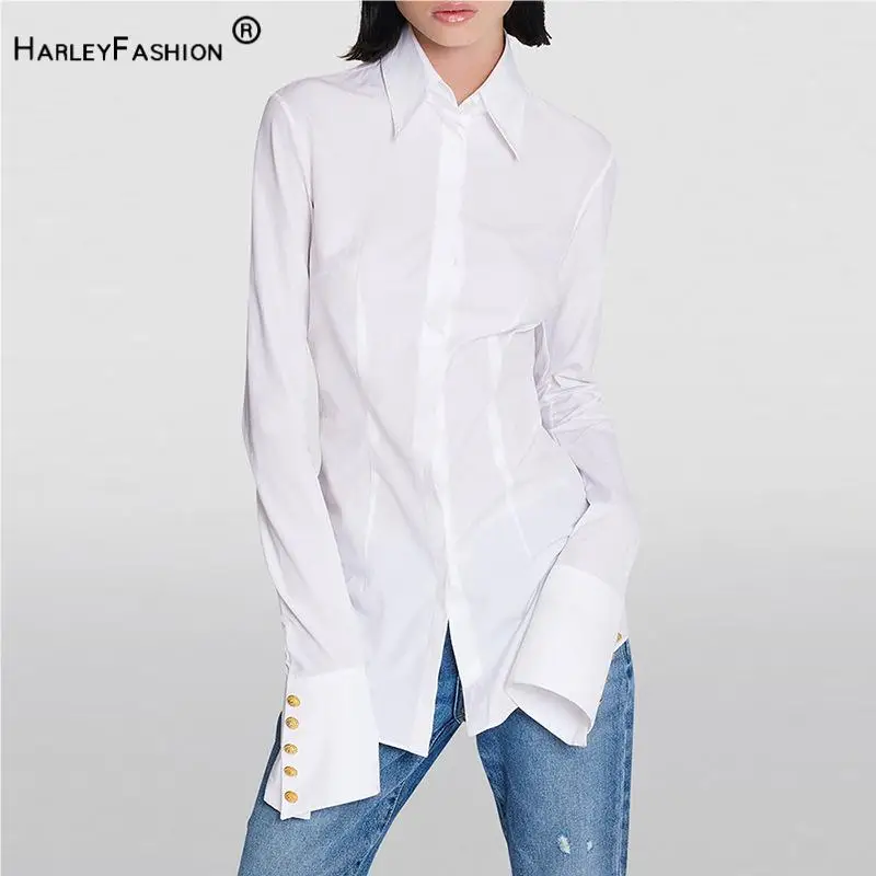 

Newest European Style Lady Brief Designed Solid Turn-down Collar Flared Long Sleeve Shirt For Women