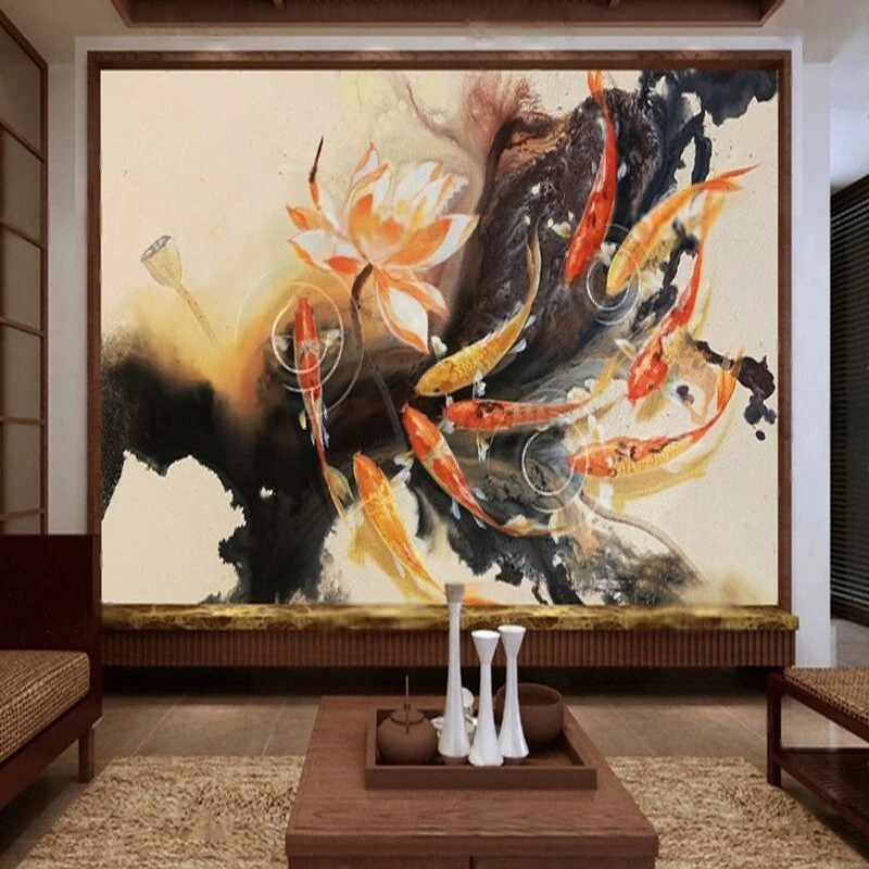 New Chinese-Style Abstract Ink-Splashed Lotus-Flowery Creative Art Fish-Shaped Pouch With A Fresh And Elegant Background Wall
