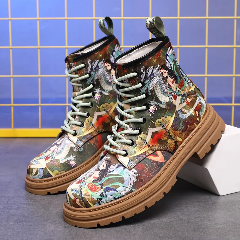 

China Tibetan ethnic color mural men's high top shoes canvas boots Fashion boots men's work shoes Cowboy boots men's shoes