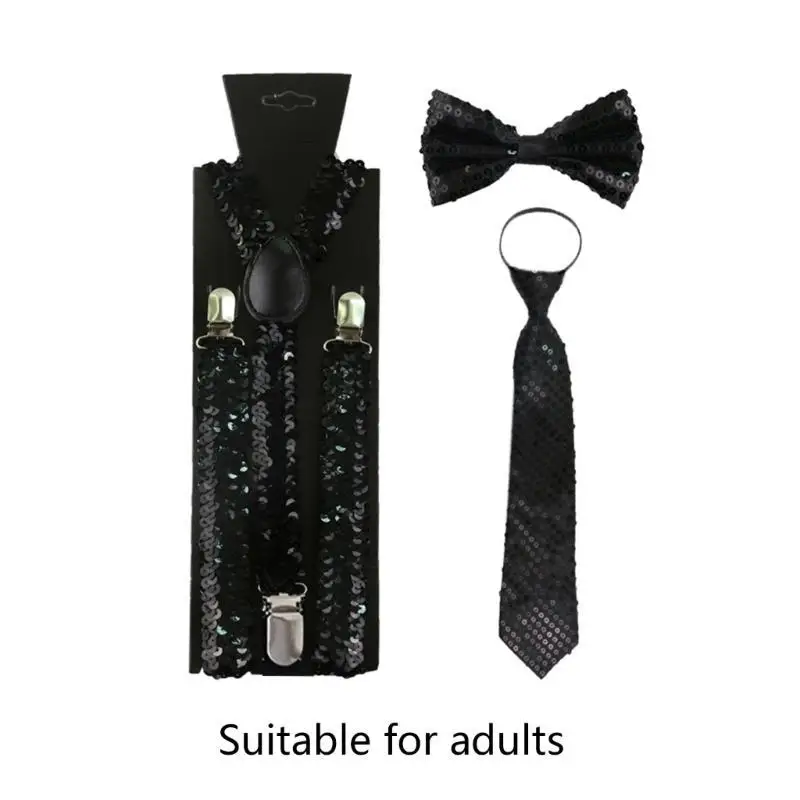 39BD Frauen Männer Sparkly Pailletten Hosenträger Bowtie Krawatte Set Clip-on Elastische Y-Form Zurück Brace Hosenträger Cosplay – Detail 6