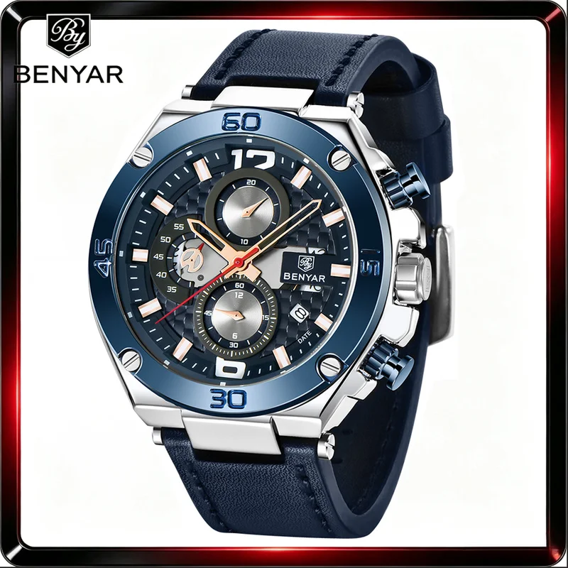 BENYAR 2026 Brand Men's Quartz Watch Multifunction Chronograph Calendar Luminous Leather Strap Fashion Sports Watches for Man