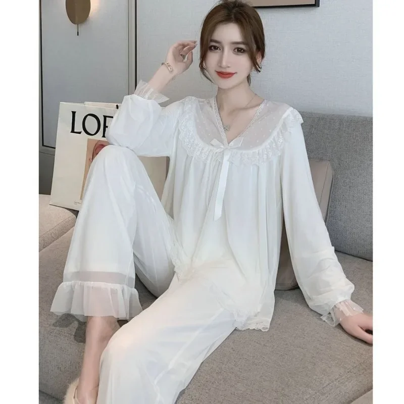 Sleepwear Women Spring Autumn Princess Long Sleeve Tops Long Pants Pajamas Sets Two Pieces Loungewear Lace Lapel Sweet High-end