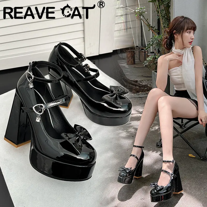 Reave-女性用キャットラウンドトゥパンプス,ヒールブロック,超高,プラットフォーム12cm,バックルストラップ3cm,蝶ネクタイ,愛らしい靴,大きいサイズ42 43