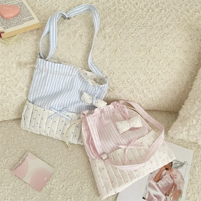 

Chic Striped Tote Bag Bow Design Sweet Lace Heart Shoulder Purse for School Girl Korean Fashion Designer Phone Lipstick Bag