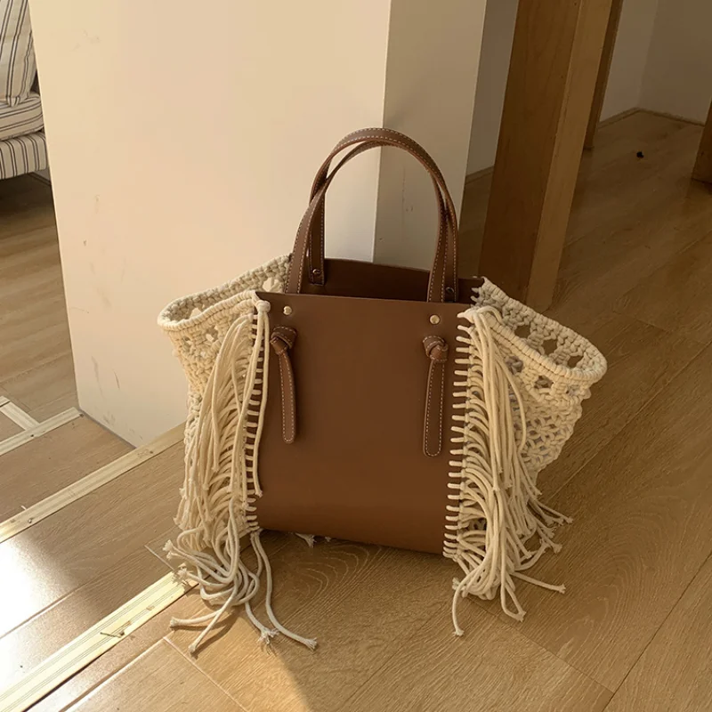 

Корейская ретро-сумка из соломки с ромбовидным узором, плетеная вручную из хлопкового шпагата, вместительная повседневная сумка-тоут с бахромой на плечо