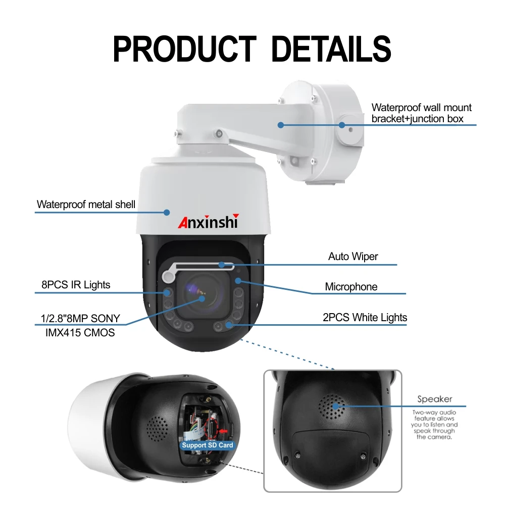 Anxinshi 4K 8MP 30fps IP PTZ Waterdichte ruitenwissercamera POE Outdoor Human Tracking 36x optische zoom NDAA RTMP ONVIF HIK-protocol