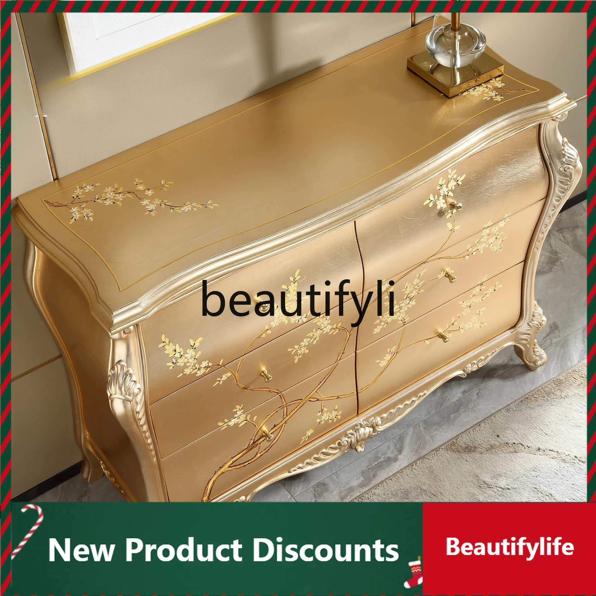 

European luxury dining side cabinet solid wood carving flower painted French high-end wall storage cabinet D80